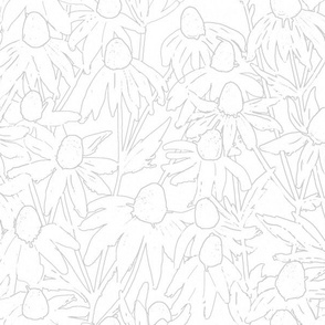 Hand-drawn soft line art daisies fields white background
