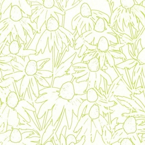 Hand-drawn summer green line art daisies fields light textured background