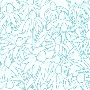 Hand-drawn teal cyan line art daisies fields light textured background