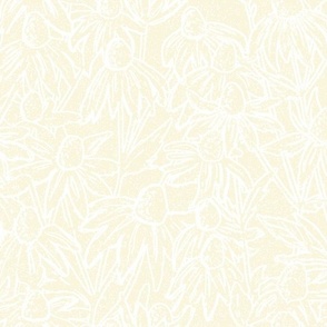 Hand-drawn white line art daisies fields light butter background