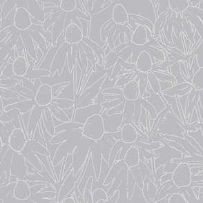 Hand-drawn white line art daisies fields light gray background