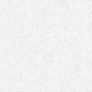 Hand drawn white line art daisies fields linen textured light grey background