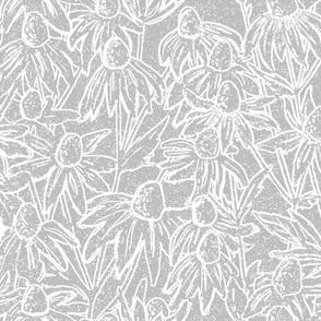 Hand drawn white line art daisies fields neutral grey background