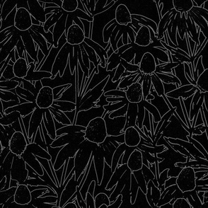 Hand drawn white grey line art daisies fields black background