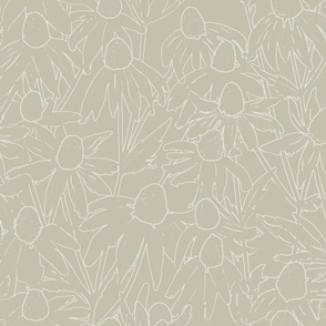 Hand drawn white line art daisies fields beige background