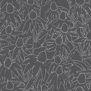 Hand drawn white line art daisies fields grey neutral background
