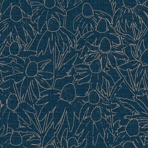 Hand drawn terracota line art daisies fields over blue teal linen background