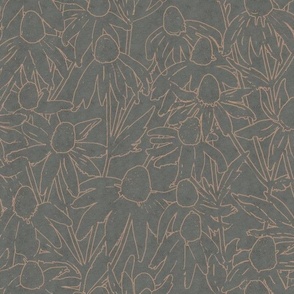 Hand drawn terracota line art daisies fields over gray textured background