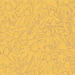 Hand drawn terracota line art daisies fields over marigold sunny linen background