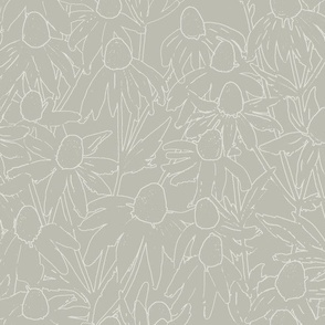 Hand drawn white line art daisies fields warm gray background
