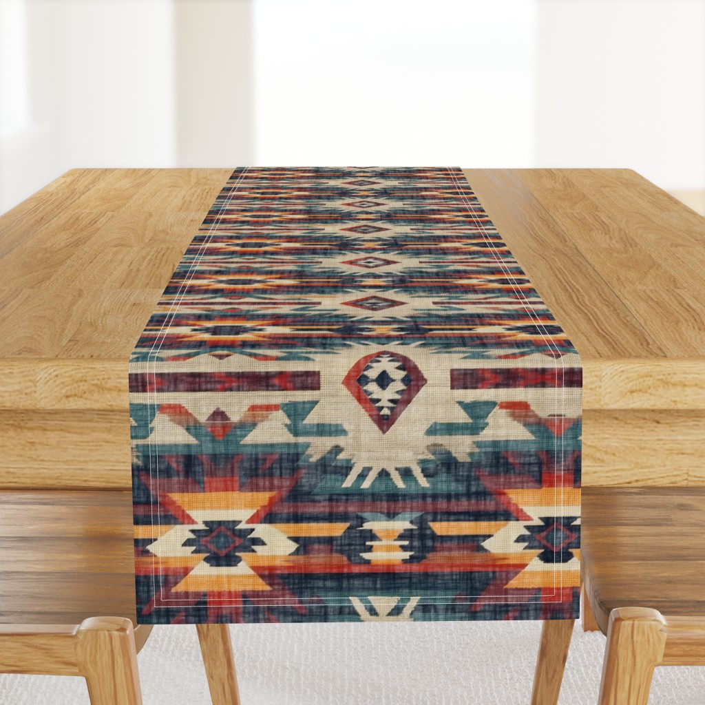 Southwest Woven Geometric Distressed Blanket Fabric - Rustic Western Charm - Yellow Red Blue