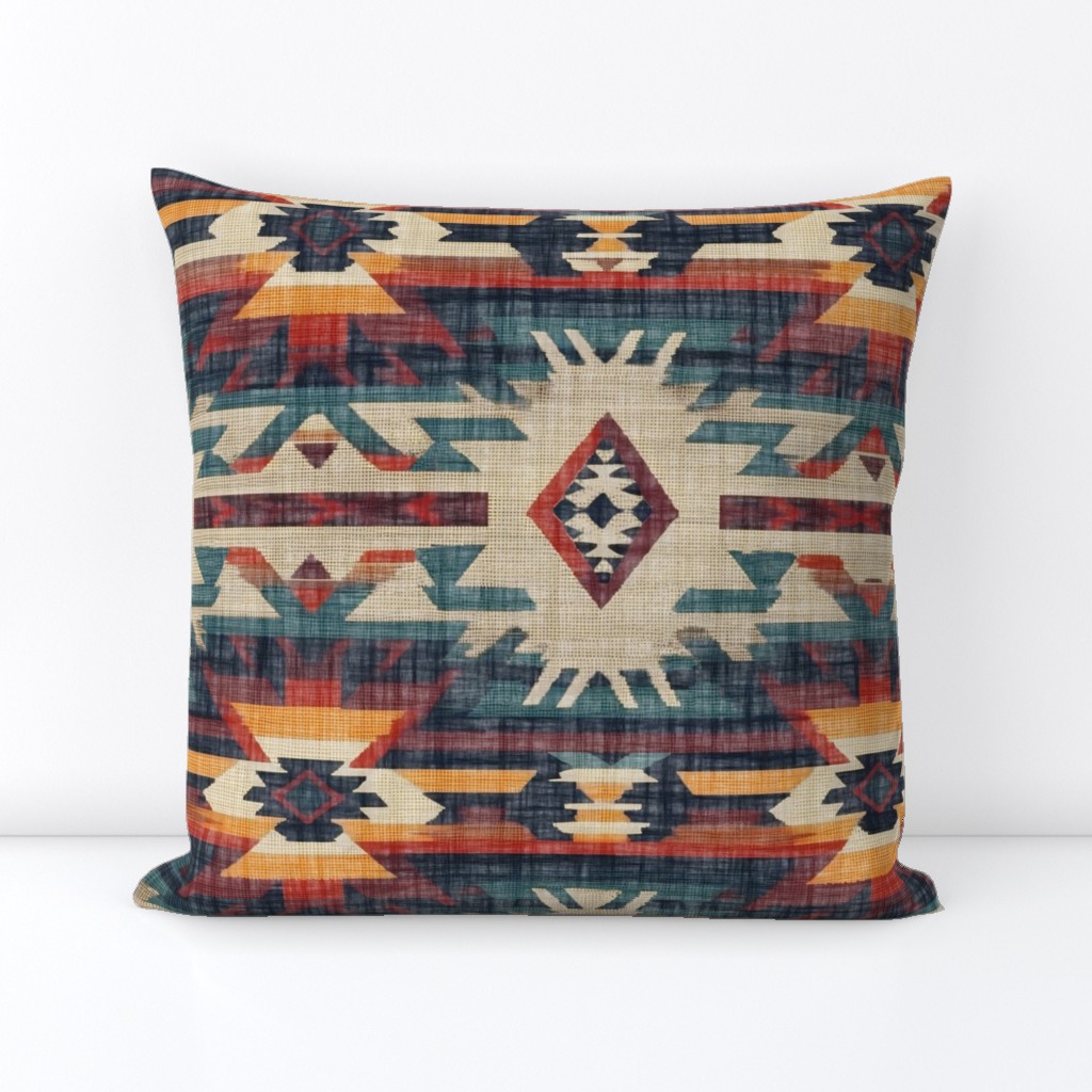 Southwest Woven Geometric Distressed Blanket Fabric - Rustic Western Charm - Yellow Red Blue