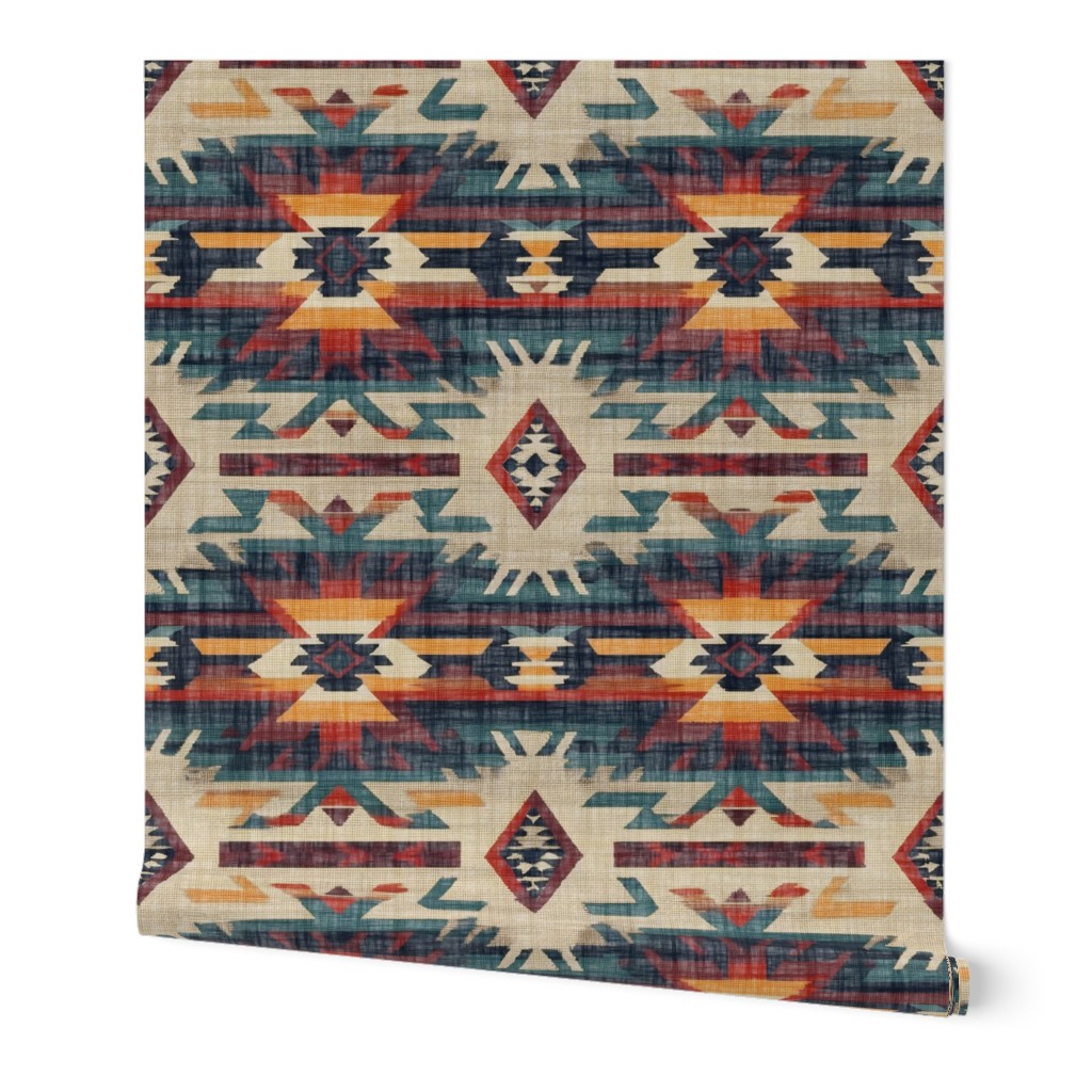 Southwest Woven Geometric Distressed Blanket Fabric - Rustic Western Charm - Yellow Red Blue