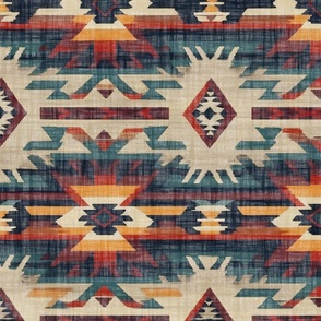 Southwest Woven Geometric Distressed Blanket Fabric - Rustic Western Charm - Yellow Red Blue
