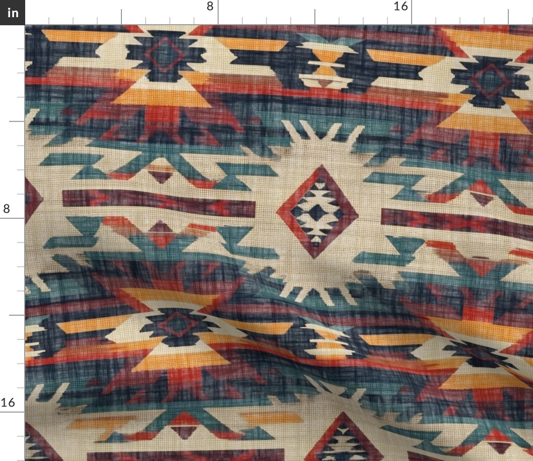 Southwest Woven Geometric Distressed Blanket Fabric - Rustic Western Charm - Yellow Red Blue