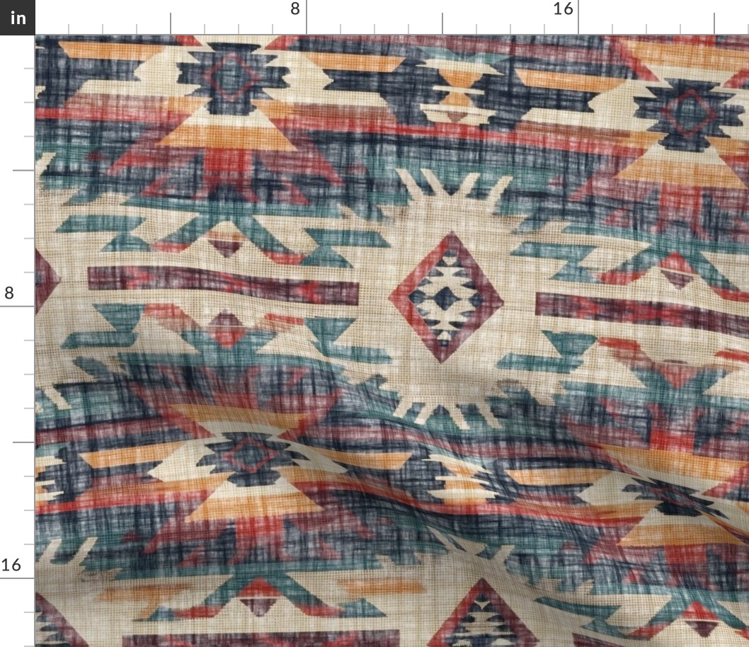 Southwest Woven Geometric Distressed Blanket Fabric - Rustic Western Charm - (Light) Yellow Red Blue