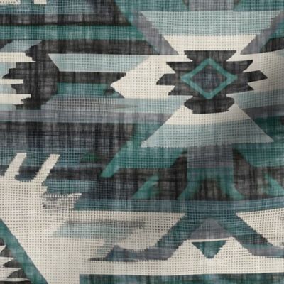 Southwest Woven Geometric Distressed Blanket Fabric - Rustic Western Charm - Teal Blue