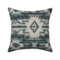 Southwest Woven Geometric Distressed Blanket Fabric - Rustic Western Charm - Teal Blue