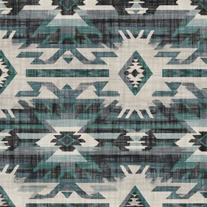 Southwest Woven Geometric Distressed Blanket Fabric - Rustic Western Charm - Teal Blue