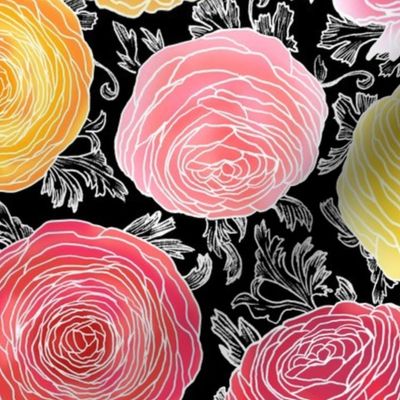 Ranunculus Stained Glass Floral on Black