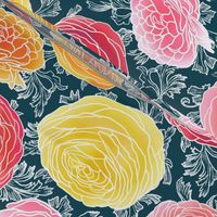 Ranunculus Stained Glass Floral, Prussian Blue