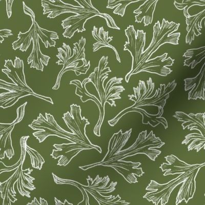 Floral Leaves Line Drawings, Olive Green