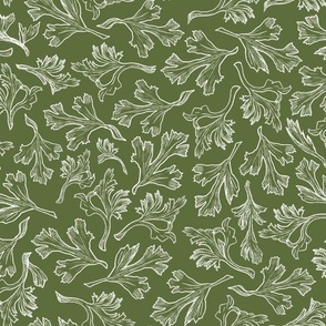 Floral Leaves Line Drawings, Olive Green