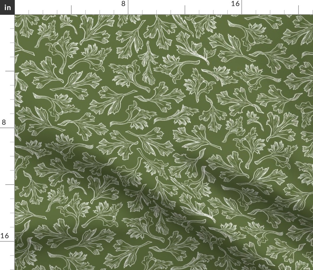 Floral Leaves Line Drawings, Olive Green