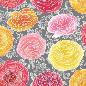 Buttercups: Ranunculus Stained Glass Floral on Warm Grey