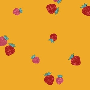 Large  Scattered Summer Fruit Strawberries with Rich Yellow Background