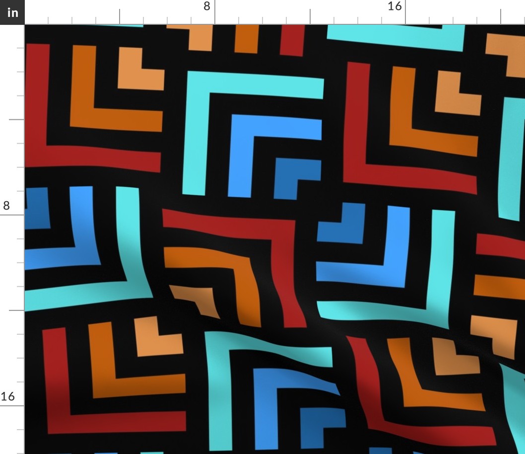Concentric Overlapping Squares in Black Oranges and Turquoise Blues
