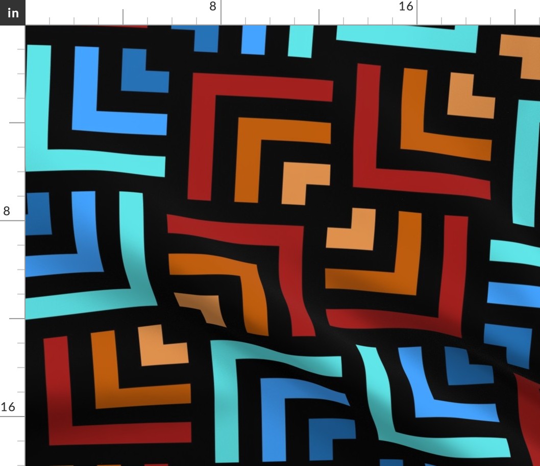 Concentric Overlapping Squares in Black Oranges and Turquoise Blues 24 Diagonal