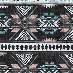 Vintage Southwest-Inspired  Diamond Woven Geometric Fabric - Rustic Western Turquoise Black