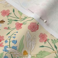 Medium Whimsical Spring Fairies flying around the Pansy Flower amongst the Bees,  Bluebells  and Coral Pink Wildflowers With Champagne Yellow Background