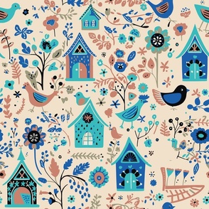 Bird House Garden in Cream and Rose and BLue and Aqua and  Tan and Black