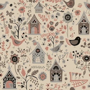 Bird House Garden in Tan Rust Gray Brown and Rose