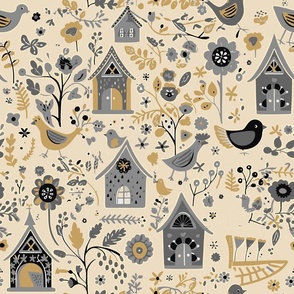 Bird House Garden in Cream and Gold and Gray and Black