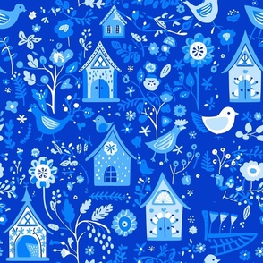 Bird House Garden in Blue Tones and White