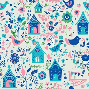 Bird House Garden in White and Pink and BLue and Aqua