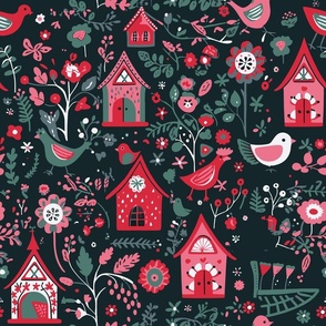 Bird House Garden in Teal Pink and Red and Black by kedoki