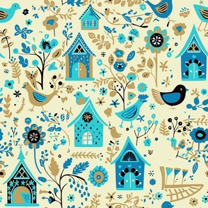 Bird House Garden in Cream and Gold and Blue and Aqua