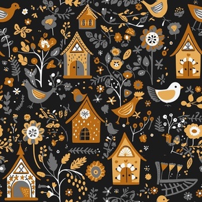 Bird House Garden in Black and Gold and Gray and Rust