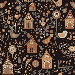 Bird House Garden in Brown Gray and Cream