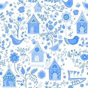 Bird House Garden in Light Blue Toile