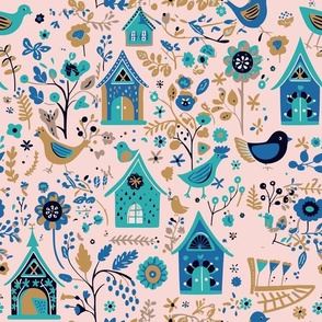 Bird House Garden in Light Pink and Aqua and Blue and Gold by kedoki