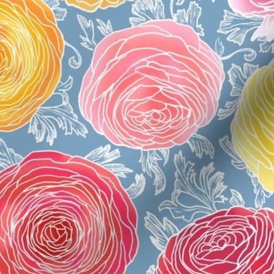 Ranunculus Stained Glass Floral on Dusty Blue