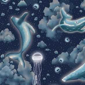 Night Sky Whales and Jelly Fish - Large