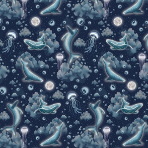 Night Sky Whales and Jelly Fish - Small