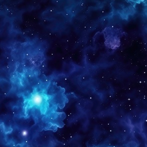Deep Blue Night Sky with Stars and Teal Nebulas Seamless Pattern