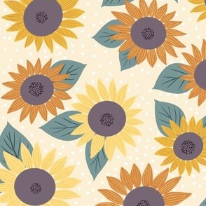 Cottage Sunflowers Yellow and Orange Sunflowers on Ivory White Cozy Cottage Collection